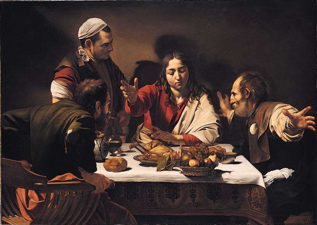 London National Gallery Top 20 11 Caravaggio - The Supper at Emmaus Caravaggio - The Supper at Emmaus, 1601, 141 x 196.cm. Two of Jesus' disciples were walking to Emmaus after the Crucifixion when the resurrected Jesus himself drew near and went with them, but they did not recognize him. At supper that evening in Emmaus '... he took bread, and blessed it, and brake and gave to them. And their eyes were opened, and they knew him; and he vanished out of their sight' (Luke 24: 30-31). Christ is shown at the moment of blessing the bread and revealing his true identity to the two disciples. The depiction of Christ is unusual in that he is beardless and great emphasis is given to the still life on the table. The intensity of the emotions of Christ's disciples is conveyed by their gestures and expression.